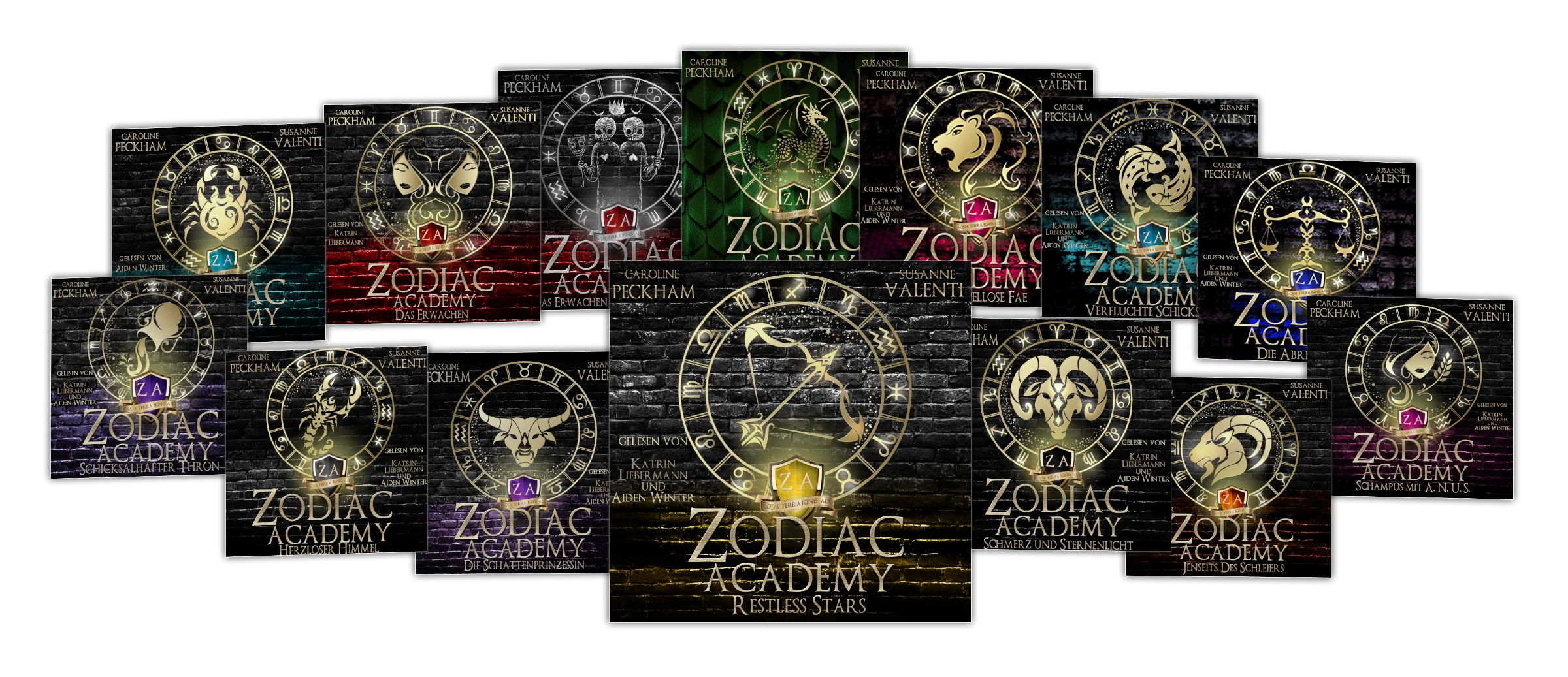 German Zodiac Academy audiobook series produced by WLSM, with Restless Stars centred among the connected series titles.